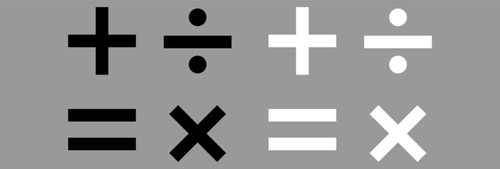 Obraz premium Math symbols icon set. Basic mathematical symbol. Plus and minus icon set. Multiply icon. Equals symbol, division symbol, Calculator button, business finance concept in vector, eps10