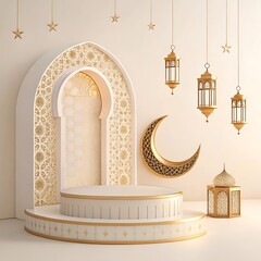 Islamic architecture, ornate arched doorway, golden crescent moon, hanging lanterns,