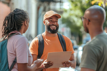 Smiling volunteer engaging with people on the street, sharing event information through flyers and brochures in a vibrant urban setting