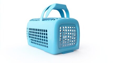 A light blue pet carrier displayed against a white background