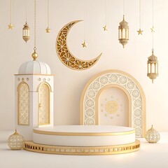 Islamic architecture, ornate white arch, golden crescent moon