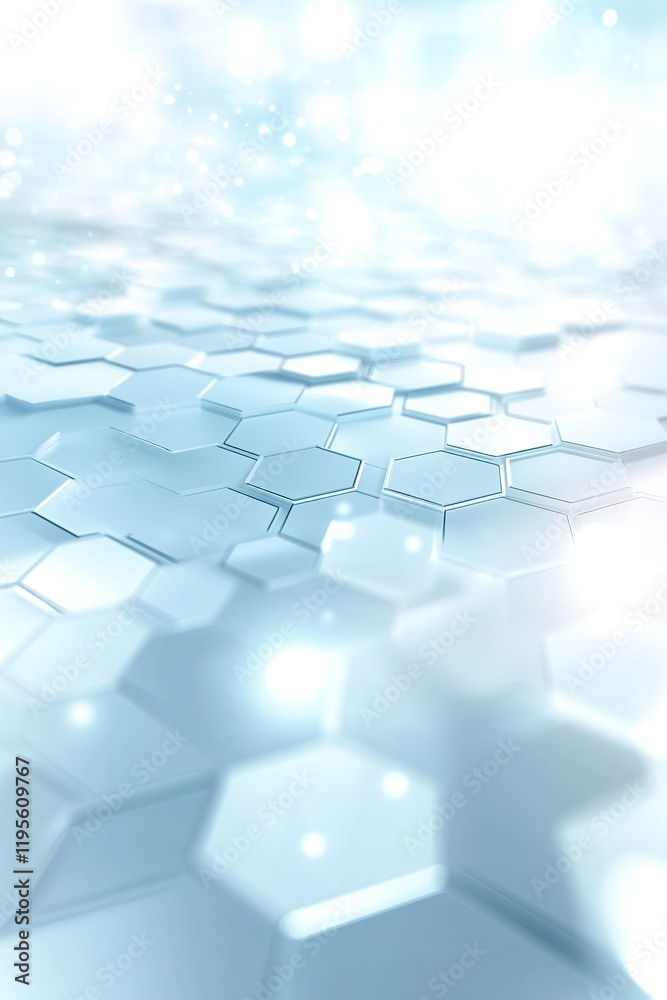 Poster featuring a three-dimensional hexagonal grid pattern, this minimalist tech background has glowing bl