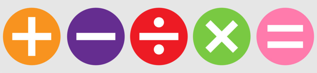 Math symbols icon set. Basic mathematical symbol. Plus and minus icon set. Multiply icon. Equals symbol, division symbol, Calculator button, business finance concept in vector, eps10