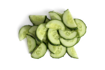  There is a pile of sliced ​​cucumbers lying on a white background.