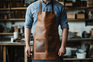 Fototapeta premium Close up of craftsman wearing brown leather apron standing in workshop, showcasing craftsmanship and style