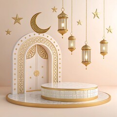 Islamic architecture, ornate arched doorway, golden crescent moon, hanging lanterns,