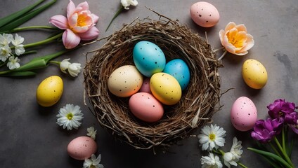 Obraz premium Happy Easter concept with eggs in nest and spring flowers. Easter background with copy space. Flat lay