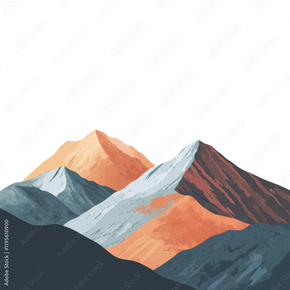 Poster an abstract artistic representation of a mountain range with varied colors and textures against a bl