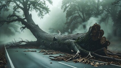 A tree on the road , causing road accidents in winter foggy days 