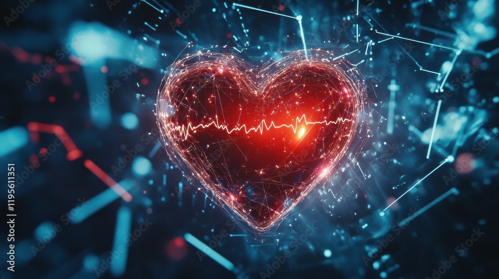 Aufkleber Glowing red heart with dynamic cardiogram in a futuristic digital space displaying health signals and biomedical patterns. Generative AI