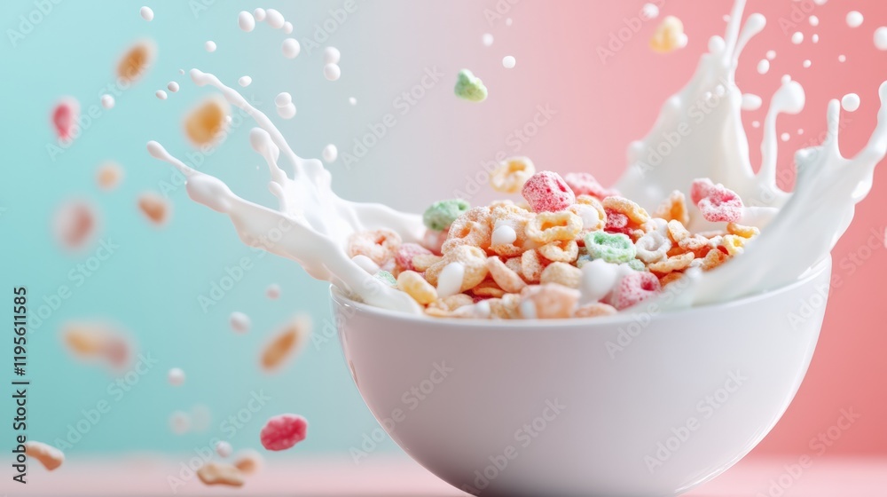 Poster splashing milk into a white bowl of colorful cereal rings creates a vibrant and appetizing scene aga