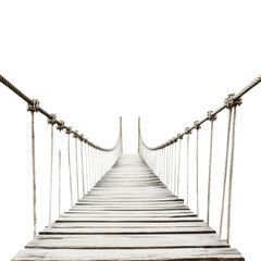 Obraz premium A weathered wooden suspension bridge hangs precariously over a dark abyss, inviting adventurous exploration.