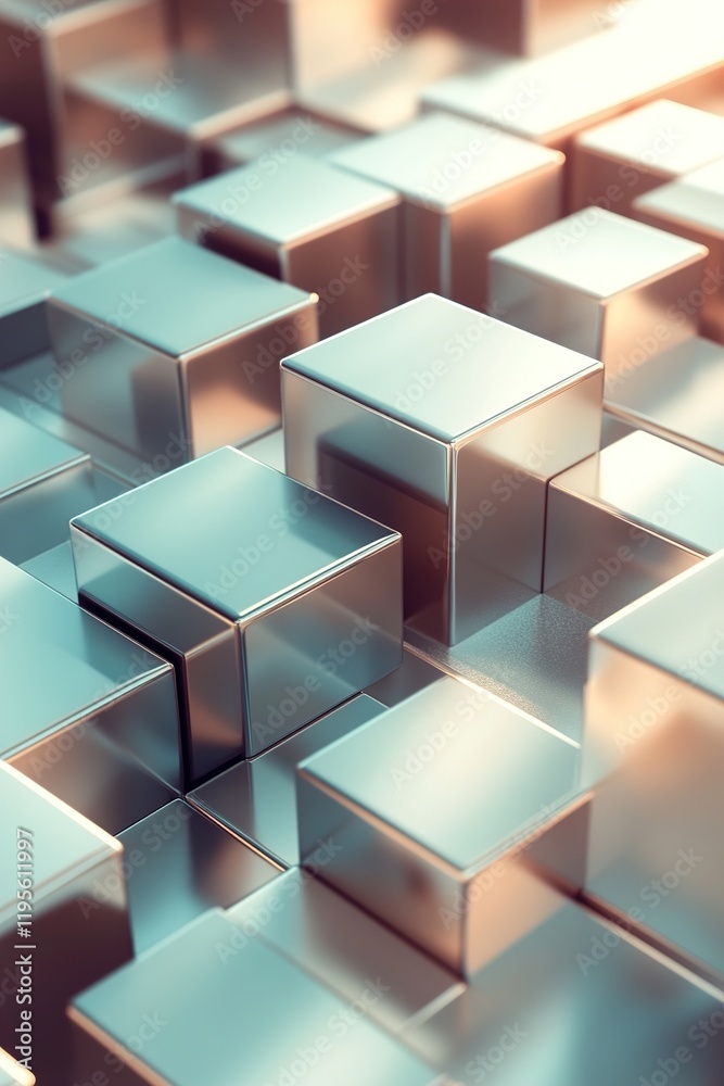 Poster this modern backdrop showcases intricately stacked 3d blocks in neutral and metallic shades, creatin