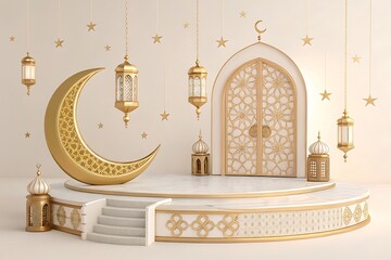 Islamic architecture, ornate arched doorway, golden crescent moon, hanging lanterns,