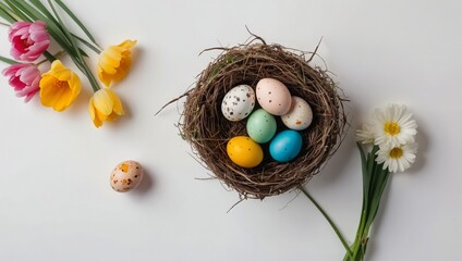  Overhead shot of Easter composition with spring flowers and colorful quail eggs over white background. Springtime and Easter holiday concept with copy space. Top view