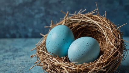 pastel blue easter eggs in bird nest on blue background. copy space for text