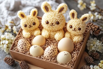 Adorable Bunny-Themed Cake Pops and Speckled Eggs in a Rustic Spring Setting