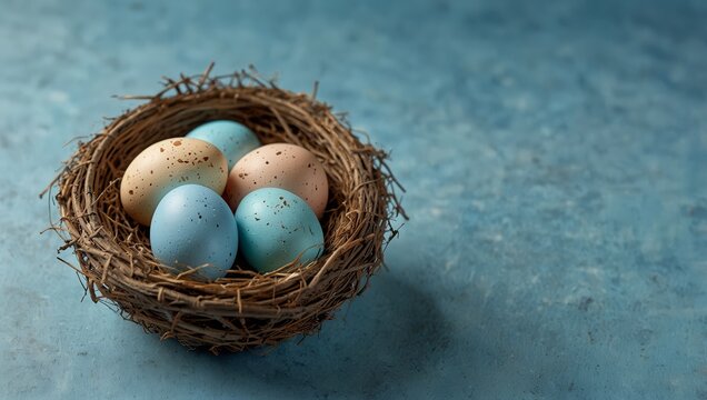 Pastel blue easter eggs in bird nest on blue background. copy space for text - Powered by Adobe