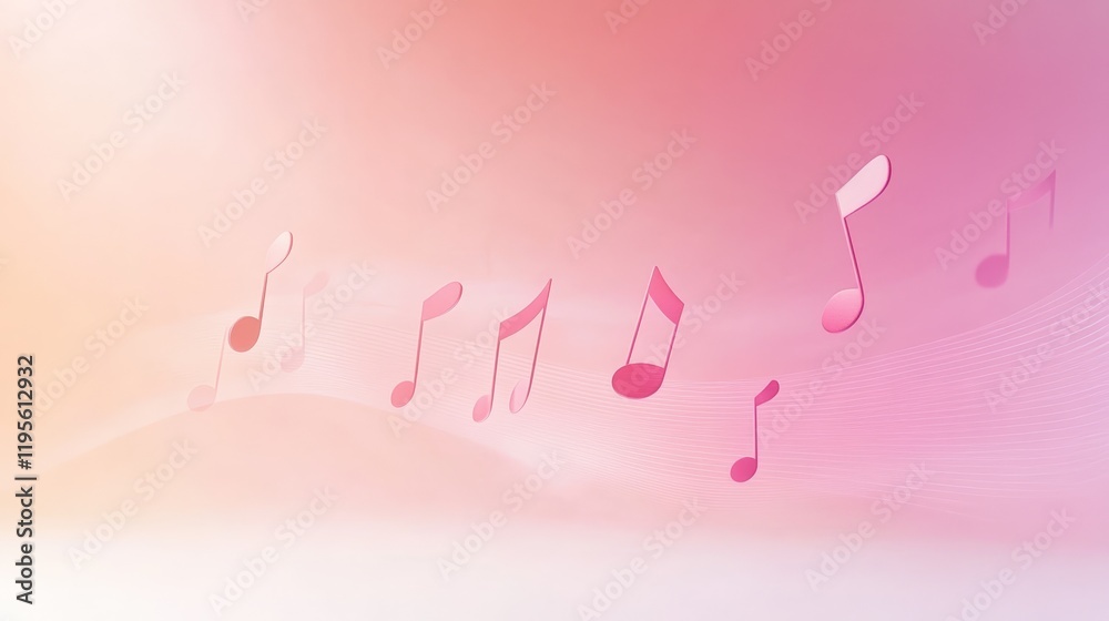 Poster pink music notes are flowing on a pastel pink and orange gradient background, creating a harmonious 