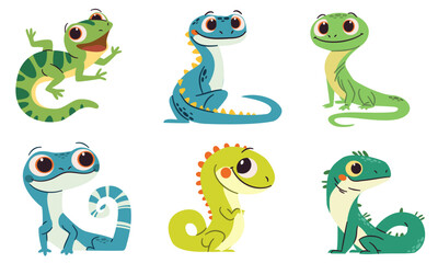 Obraz premium Set of flat vector illustrations in simple child style on white background. Cute lizards with big eyes. Vector illustration