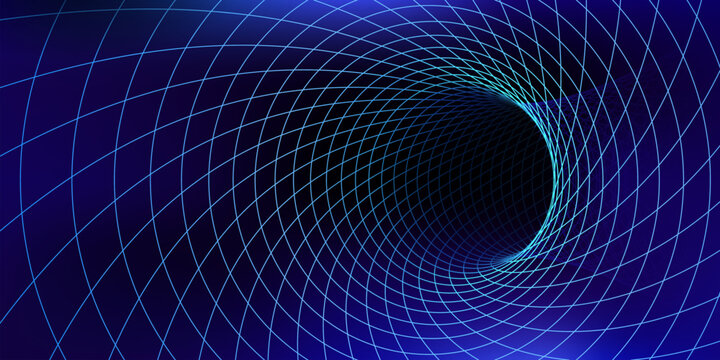 Time vortex tunnel with illuminated geometric glowing grid lines indicating a journey through time and space. Vector dynamic abstract wireframe wormhole creates a sense of infinite depth and motion