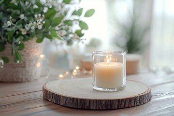 Burning soy candle creates cozy ambiance with fairy lights and flowers