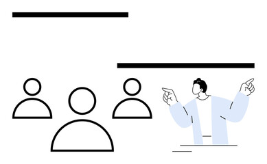 Presenter addresses audience, pointing upward in abstract style. Ideal for leadership, communication, teaching, education, teamwork, public speaking, creative interaction abstract line flat metaphor