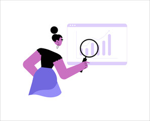 Female Analyst Highlighting Graph On Web Interface In Flat Vector Illustration Symbolizing Data Research, Financial Insights, And Business Reporting, Isolated On White Background