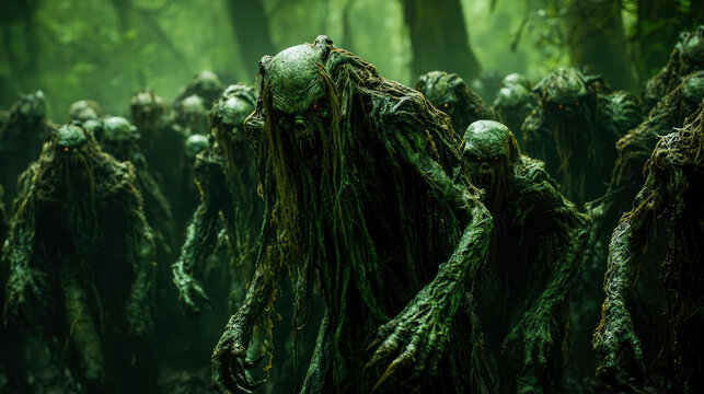 A horde of grotesque swamp creatures emerges from the murky depths of a shadowed forest, their decaying forms covered in moss and algae, their eyes glowing menacingly