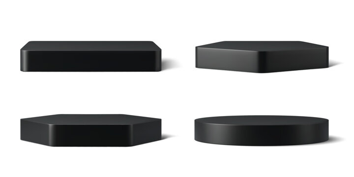 Realistic 3d isolated black podium stands. Vector pedestals for showcasing products, branding or advertising presentations. Isolated bases of hexagonal, pentagonal, circular or square geometric shapes