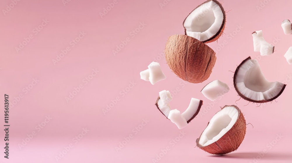 Poster several pieces of fresh coconut, both whole and broken, are levitating against a vibrant pink backdr