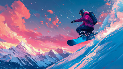 Snowboarder Soaring Through Pink Sunset Mountains: A Digital Painting