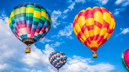 Obraz premium Colorful Hot Air Balloons Soaring Above Clouds - Vibrant hot air balloons ascend, symbolizing adventure, freedom, dreams, exploration, and joy against a bright blue sky.