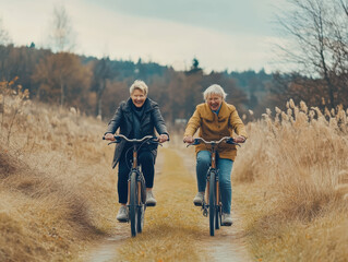 Fototapeta premium Cheerful active senior couple with bicycle in public park in cooler weather in autumn