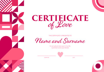 Obraz premium Valentine day certificate of true love with pink geometric shapes, vector background. Valentine day certificate of appreciation template for love with modern geometric mosaic hearts and flower pattern