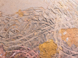 Wheel tracks on the ground on the dirt road.