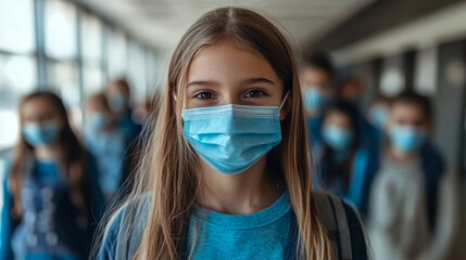 Girl Wearing a Face Mask in a School Corridor