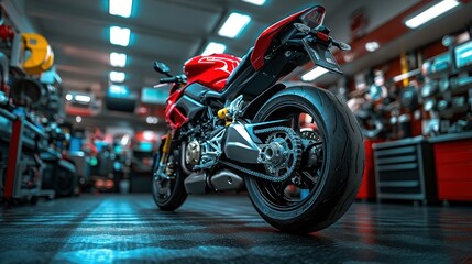 Red motorcycle in showroom.