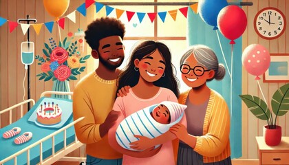 newborn baby with mother and family in maternity hospital illustration