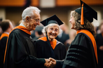 Happy mature graduate holding hands with elderly parents, celebrating academic achievement at university graduation ceremony