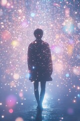 Naklejka premium Silhouette of Person in Dreamlike Sparkling Lights with Vibrant Bokeh Background
