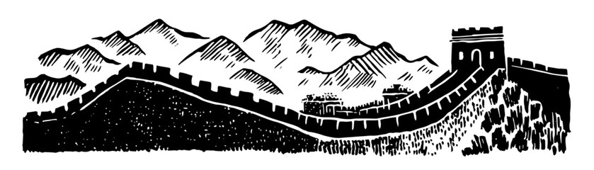 great wall of china silhouette with mountains in black engraving style