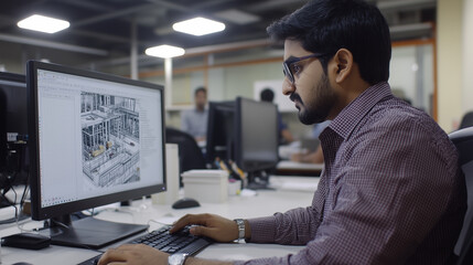 Young professional Indian engineer sitting in modern office. Focused on computer screen, which displays 3D modeling software, construction projects. Office environment, other colleagues working at the