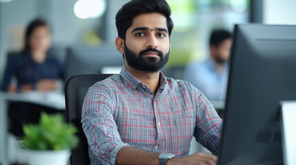 Young professional Indian engineer sitting in modern office. Focused on computer screen, which displays 3D modeling software, construction projects. Office environment, other colleagues working at the