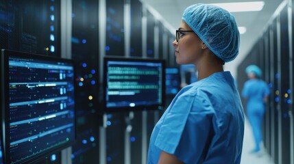 Female Data Scientist Analyzing Information on Monitors in Modern Server Room with Cool Color Palette and High-Tech Environment