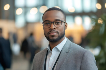 Obraz premium Portrait of a confident businessman wearing a suit and an identification badge at a professional conference