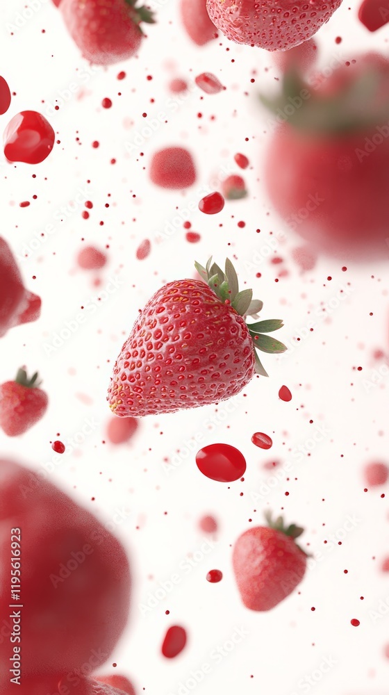 Poster fresh, ripe strawberries and drops of strawberry juice are levitating against a clean white backgrou