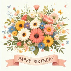 bouquet of flowers card happy birthday content created with generative AI software.