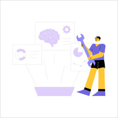 Male Engineer With Wrench In Flat Vector Illustration Symbolizing Technology, Artificial Intelligence, And Innovation, Isolated On White Background