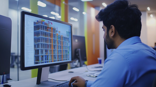 Young professional Indian engineer sitting in modern office. Focused on computer screen, which displays 3D modeling software, construction projects. Office environment, other colleagues working at the